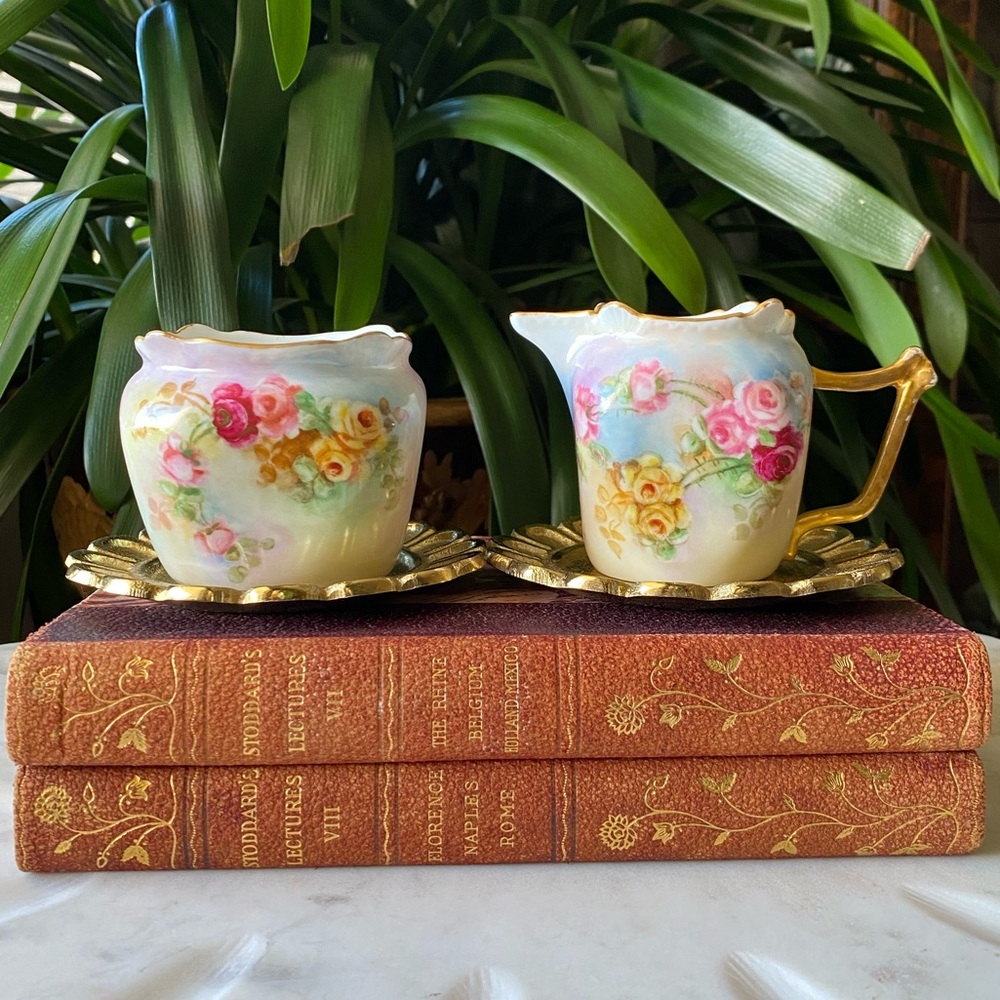 Antique Bavaria Hand Painted Floral + Gilded Gold Porcelain Cream and Sugar Dish
